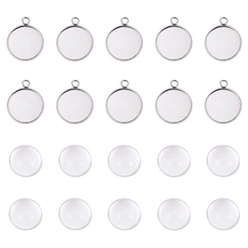 UNICRAFTALE 10 Sets 16mm Flat Round Tray Pendants Making Kits 304 Stainless Steel Pendant Cabochon Settings and Clear Glass Cabochon Metal DIY Pendant Findings for Women Necklaces Jewelry Making
