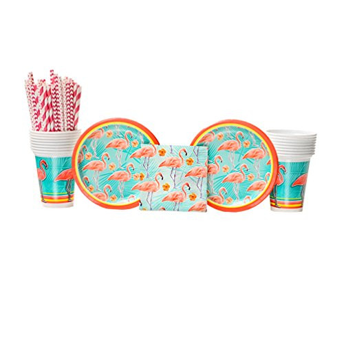 Flamingo Party Supplies Pack for 16 Guests: Straws, Dessert Plates, Beverage Napkins, and Cups