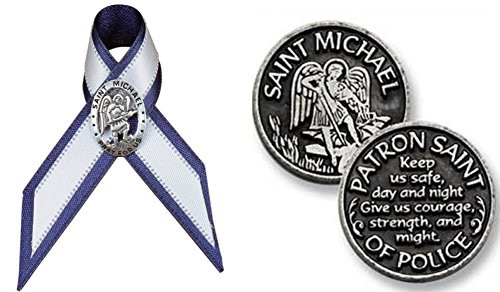 St. Michael Patron Saint For Police Blue Ribbon and Pocket Token Set - 2 Pieces St. Michael Patron Saint For Police Blue Ribbon and Pocket Token Set - 2 Pieces