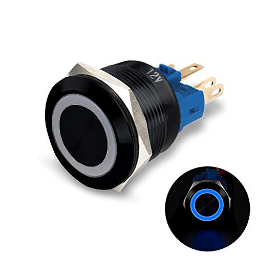 MGI SpeedWare Black Aluminum Push Button Switch 22mm with Socket 3A 12vDC Ring LED Latching Blue