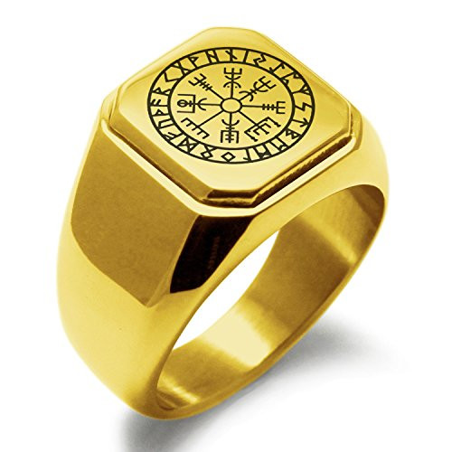 Tioneer Gold Plated Stainless Steel Icelandic Vegvisir Viking Rune Symbol Square Flat Top Signet Biker Rings for Men Size 155