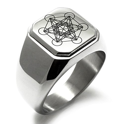 Tioneer Stainless Steel Metatrons Cube Symbol Square Flat Top Signet Biker Rings for Men Size 7