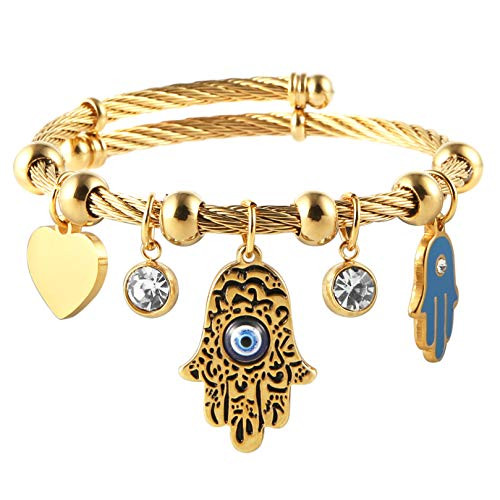 HZMAN Evil Eye Fatima Hand Hamsa Lucky Symbol Cubic Zirconia Pendant Stainless Steel Bracelet