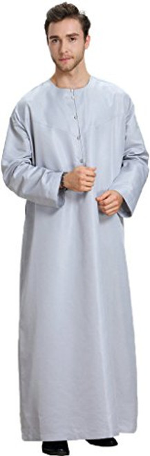 Ababalaya Mens Round Neck Long Sleeve Solid Saudi Arab Thobe Islamic Muslim Dubai RobeGrayL