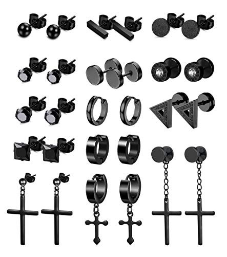 Thunaraz 14Pairs Stainless Steel Dangle Hinged Cross Stud Earrings for Men Women Hoop Earrings Huggie Silver Black Tone Ear Piercing