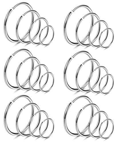 LOYALLOOK 18Pcs 20G 316L Stainless Steel Nose Ring Hoop Cartilage Hoop Septum Piercing 612mm G24PCS Silver Tone