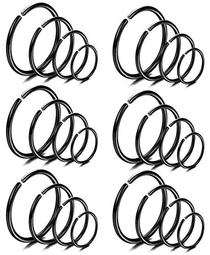 LOYALLOOK 18Pcs 20G 316L Stainless Steel Nose Ring Hoop Cartilage Hoop Septum Piercing 612mm I24PCS Black Tone