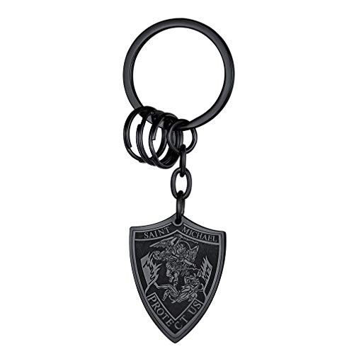 FaithHeart Mens Keychain Saint Michael Key Rings Black Catholic Protective Charms Stainless Steel Jewelry for Female Policement Can Engrave
