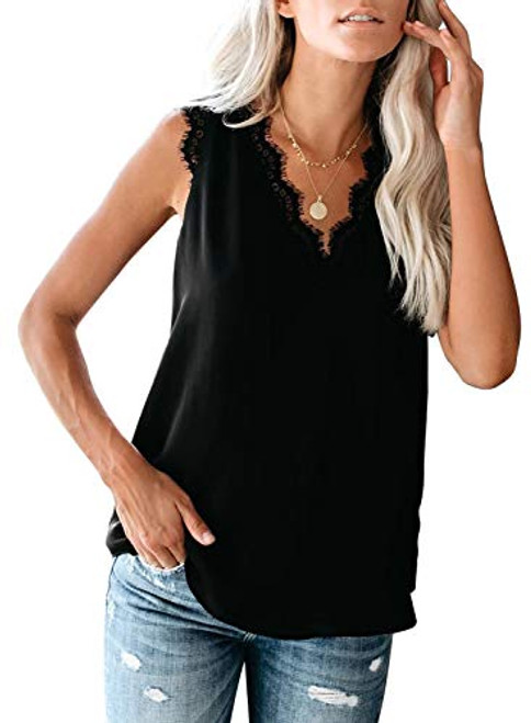 Tiksawon Womens Cute Casual Sleeveless Shirts Blouses V Neck Lace Fashion Cami Tank Top Loose Fit Black M Tiksawon Womens Cute Casual Sleeveless Shirts Blouses V Neck Lace Fashion Cami Tank Top Loose Fit Black M