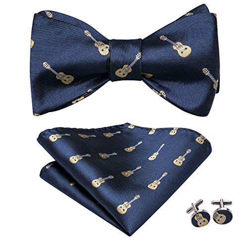Dubulle Guitar Bow Tie Blue Bowtie for Men Mens Silk Woven Bowtie and Pocket Square Cufflinks Self Tied Bowtie Set