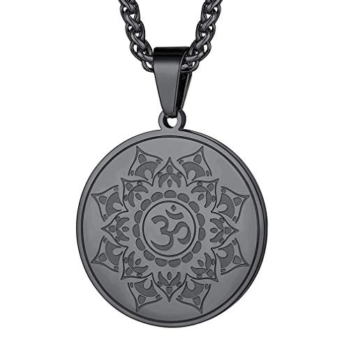 FaithHeart Yoga Inspired Om Lotus Mandala Necklace Stainless Steel Pendant for Women Men Tibetan Buddhist Protection Jewelry with Gift Packaging Black