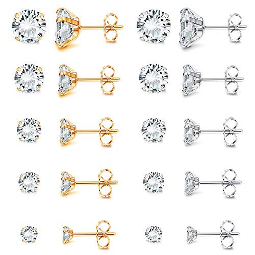 Udalyn 10 Pairs Cubic Zirconia Stud Earrings for Women Men Silver Rose Gold Earrings Studs Piercing Cartlidge Earrings Cute Stainless Steel CZ Stud Earrings Set 48MM