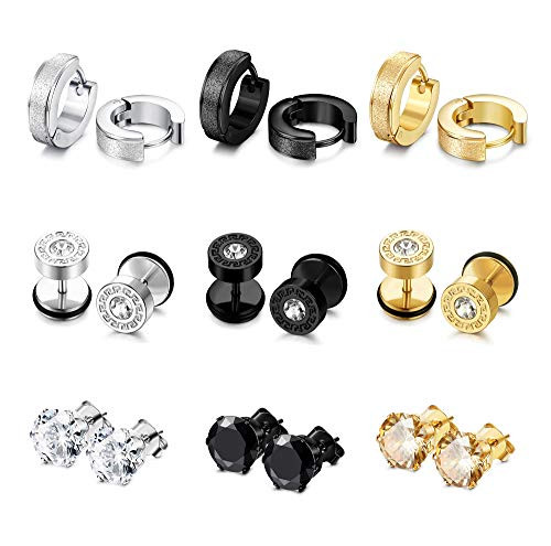 Udalyn 9 Pairs Stainless Steel Mens Womens Stud Earrings Set Ear Piercing Plugs Tunnel Screw Design Huggie Hoop Earrings CZ Inlaid Cartilage Stud Earrings