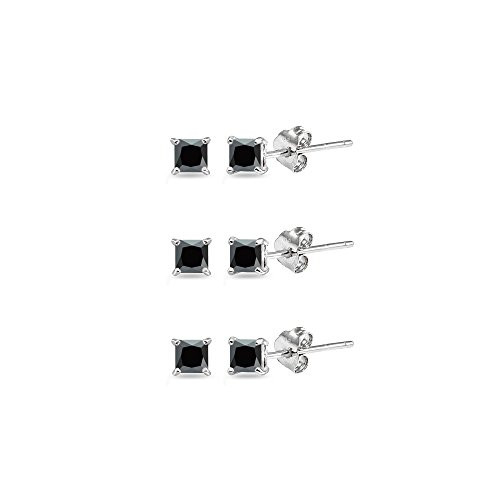 Sterling Silver Black Cubic Zirconia set of 3 PrincessCut Square 2mm Stud Earrings