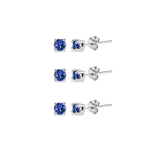 3Pair Set Sterling Silver Nice Blue 3mm Round Stud Earrings Made with Swarovski Crystals