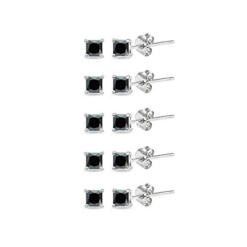 Sterling Silver Black Cubic Zirconia set of 5 PrincessCut Square 2mm Stud Earrings