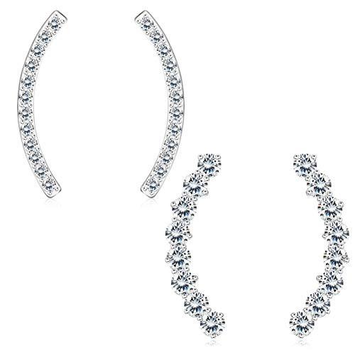 Sllaiss Sterling Silver Ear Climber Cuff Earrings for Women Round Cut Cubic Zirconia Crawler Stud Earrings Jackets Set 2 Pairs Silver