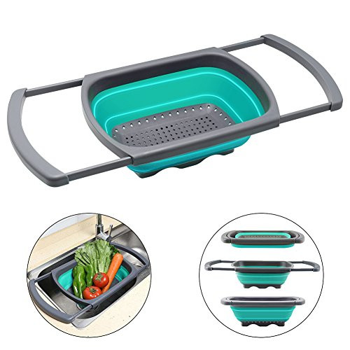 Qimh Colander Collapsible, Colander Strainer Over The Sink Vegtable/Fruit Colanders Strainers with Extendable Handles, Folding Strainer for Kitchen,6 Quart(Malachite Green)