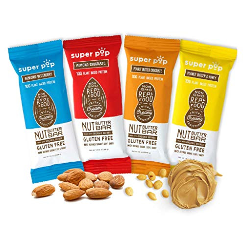 Super Pop Snacks Plant Based Protein Bars AllNatural Nut Butter Bars with Organic Whole Foods Clean Energy Delicious Snack Gluten Free Soy Free Dairy Free 10g Protein Variety Pack 8 Pack