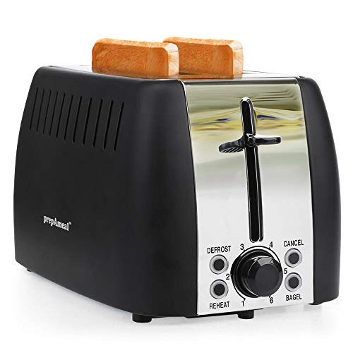 prepAmeal 2 Slice Toaster Stainless Steel Toaster Two Slice Bagel Toaster Small Bake Toaster with 6 Browning Setting Reheat Defrost Bagel Cancel Function Extra Wide Slots Black  2 Slice