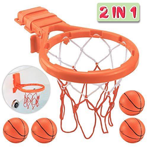 Bath Toy Basketball Hoop & Balls Playset(2 in 1 Design), with 4 balls and Mesh Bag, Bathroom Slam Dunk&Bathtub Shooting Game Gadget, for Kid Boy Girl Child Gift, With Strong Suction Cup and Magic Rop