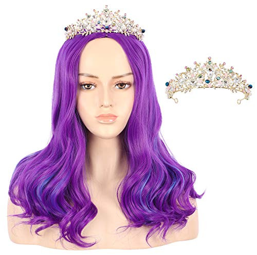 VGbeaty Adult Women Long Wave Purple and Blue Costume Wig with Crown Halloween Cosplay Anime Wig VGbeaty Adult Women Long Wave Purple and Blue Costume Wig with Crown Halloween Cosplay Anime Wig