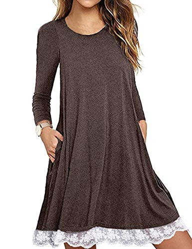 Halife Women Long Sleeve Pockets Loose Swing Casual Short T Shirt Dress CoffeeM