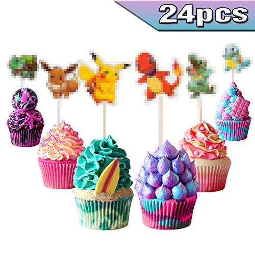 Pikachu Cupcake Toppers Pikachu Cake Toppers 24PCS Pikachu Happy Birthday Party Supplies Cake Decorations for Pikachu fans Kids Birthday Party