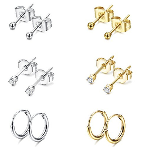 Jstyle Stainless Steel 2mm Tiny Stud Earrings for Women Mens Endless Hoops CZ Balls Cartilage Earrings Set Silver Gold