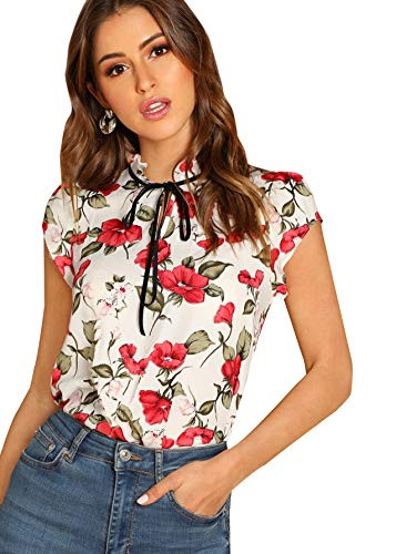 WDIRARA Womens Fashion Tie Neck Floral Print Cap Sleeve Frill Blouse Top Multicolor XS