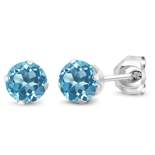 Gem Stone King 925 Sterling Silver Swiss Blue Topaz Stud Earrings 066 Ctw Round Gemstone Birthstone 4MM