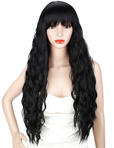 Kalyss 26 Black Curly Wigs with Hair Bangs Long Loose Wavy Synthetic Wigs for Women Natural Looking Womens Wigs