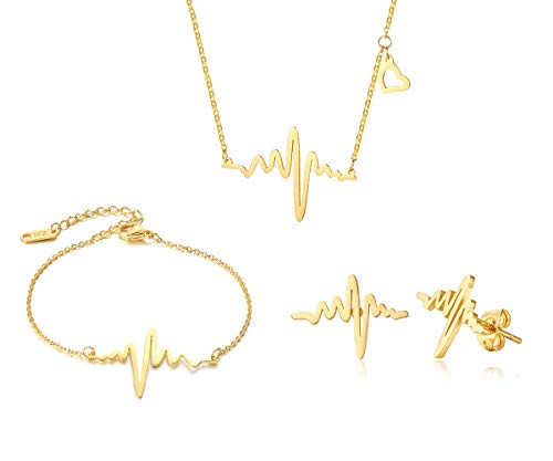 XUANPAI Gold Plated EKG Actual Heartbeat Earring BraceletNecklace 3 Pack Set Cute Life Line Cardiogram Gift for Women Girls XUANPAI Gold Plated EKG Actual Heartbeat Earring BraceletNecklace 3 Pack Set Cute Life Line Cardiogram Gift for Women Girls