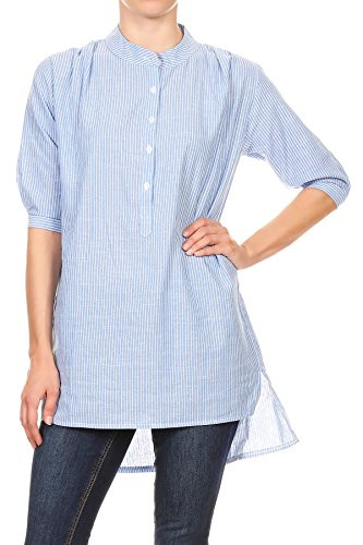 AnnaKaci Womens Casual Half Sleeve Chambray Stripe Button Up Shirt High Low Hem Tops Blouse Blue Large