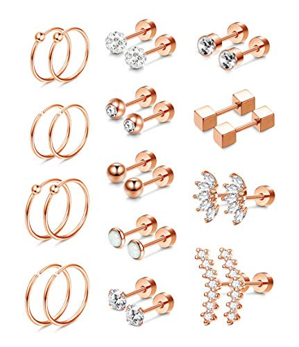 SAILIMUE 13 Pairs Stainless Steel Cartilage Stud Earrings for Men Women Helix Tragus CZ Barbell Conch Piercing Earrings Ear Hoop Earrings