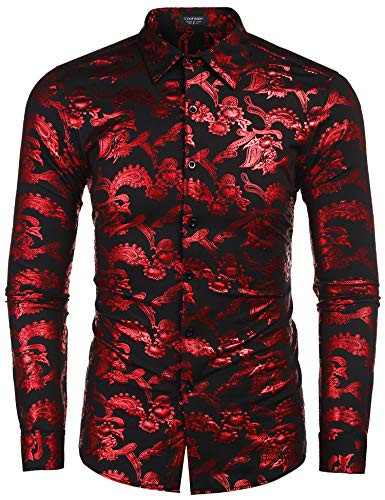 COOFANDY Mens Casual Gold Printed Shirt 70s Luxury Design Long Sleeve Disco Nightclub Shirts