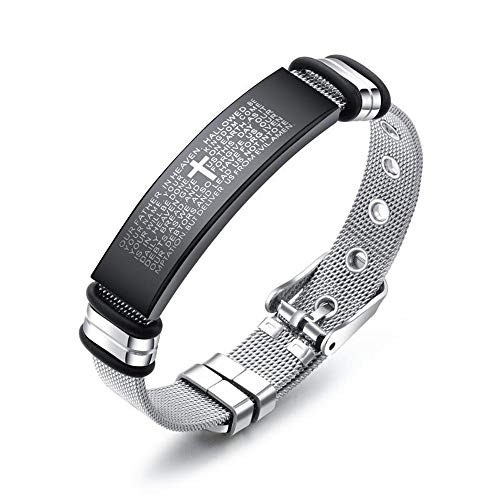Mens Vintage Stainless Steel Black Cross Silver English Bible Lords Prayer Religious Link Wrist Bracelet SL026