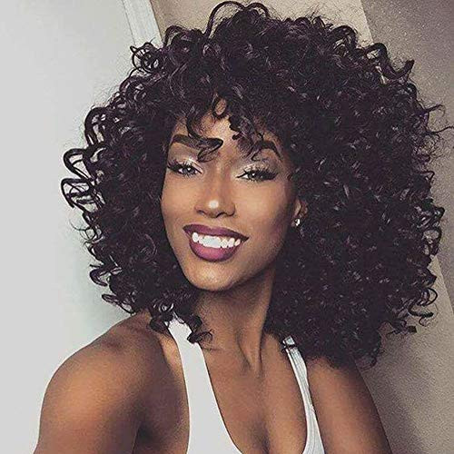 NT Short Black Kinky Curly Wig with Bangs Fluffy Wavy Synthetic Afro Curly Hair Wigs for Black Women