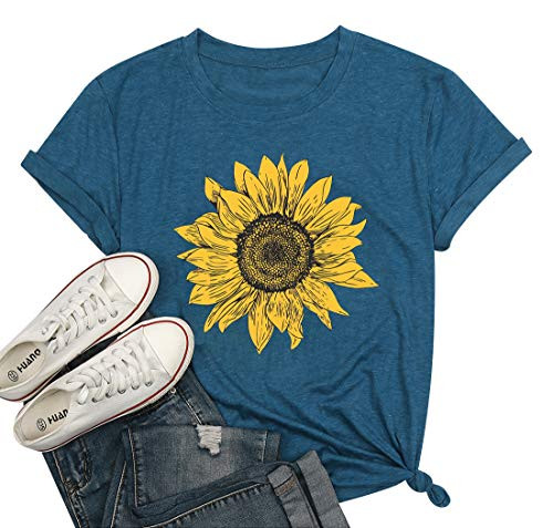 T Shirt for Women Sunflower Shirt Flower Graphic Inspirational Tees Summer Short Sleeve Casual Tshirt Faith Shirt Top Blue