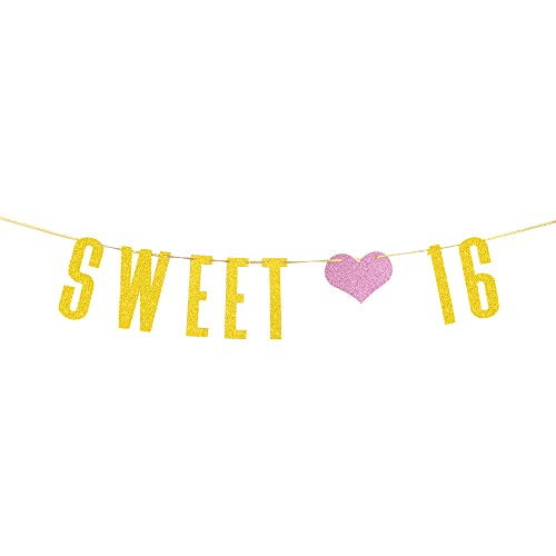 Halodete Glitter Sweet 16 Banner  Happy 16th Birthday Banner  16th Anniversary  Teenager Birthday Party Decoration Gold