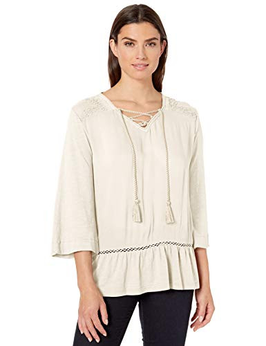 Gloria Vanderbilt Womens Petite Cindy Lace Up Knit to Woven Top Cream PXLarge