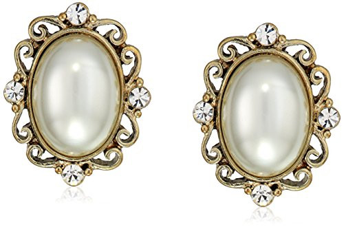 1928 Jewelry GoldTone Simulated Pearl And Crystal Oval Button Earrings