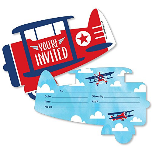 Big Dot of Happiness Taking Flight - Airplane - Shaped Fill-In Invitations - Vintage Plane Baby Shower or Birthday Party Invitation Cards with Envelopes - Set of 12