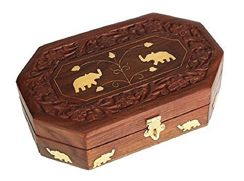 WhopperIndia Handmade Wooden Keepsake Organizer Box Octal Shape Vintage Jewelry Storage Organizer Box with Double Elephant Inlay 8 X 5 Inch WhopperIndia Handmade Wooden Keepsake Organizer Box Octal Shape Vintage Jewelry Storage Organizer Box with Double Elephant Inlay 8 X 5 Inch