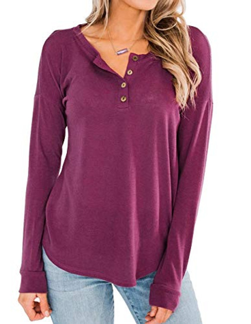 Womens Henley Shirts V Neck Long Sleeve Tunic Top Button Up Blouse Shirt Casual Loose Top TeesPurple RedXL Womens Henley Shirts V Neck Long Sleeve Tunic Top Button Up Blouse Shirt Casual Loose Top TeesPurple RedXL