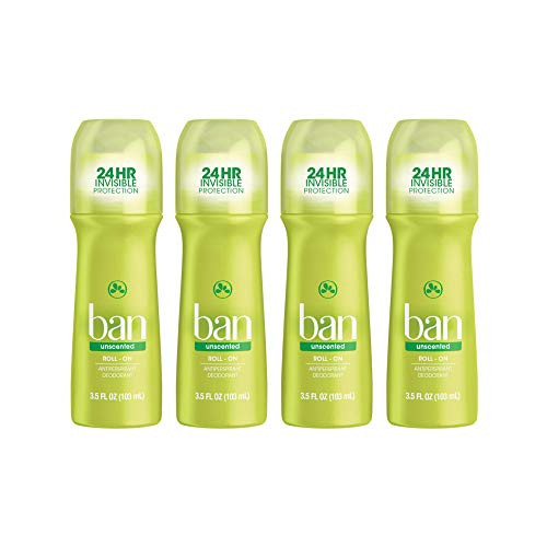Ban RollOn Antiperspirant Deodorant Unscented 35 Ounce Pack of 4 for Sensitive Skin Unscented No White Residue NonIrritating 24 Hour Odor and Wetness Protection Packaging May Vary