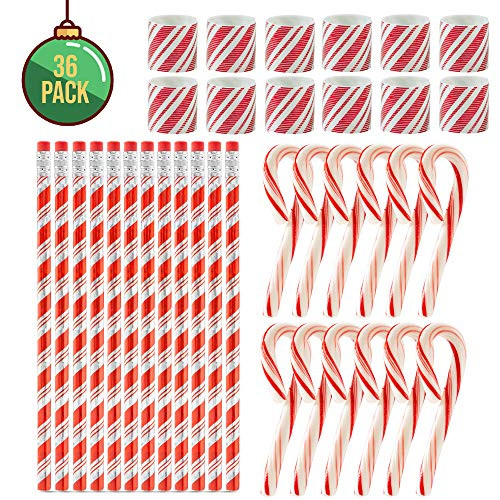 FAVONIR Christmas Party Favor stocking Stuffers 36 Pcs Goody Bag Assortment Peppermint Mini Candy Canes stationery pencils Magic Coil Holiday Theme Assortment Kids Activity Toys  Fun Reward Prizes