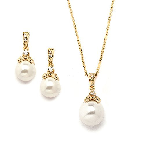 Mariell Vintage Gold Ivory Pearl Wedding Necklace  Earrings Set  Jewelry Set for Brides  Bridesmaids