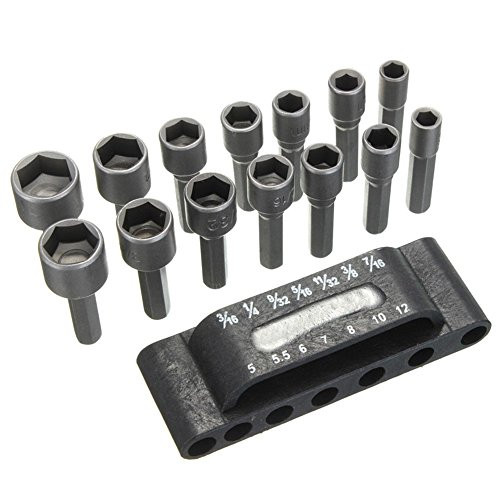 Drilax 14 Pcs Power Nut Driver Drill Bit Set SAE Metric Socket Wrench Hex Shank Work Belt Storage Clip