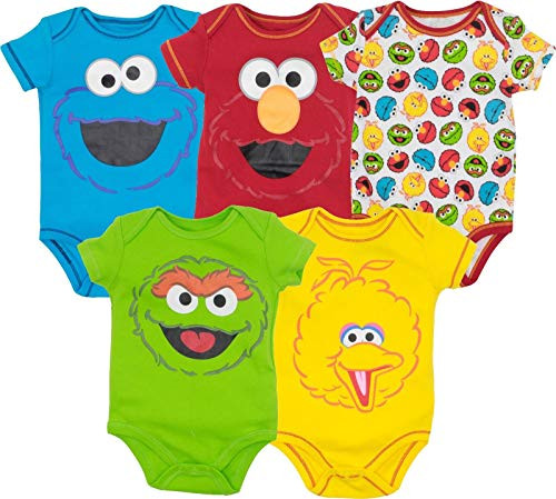 Sesame Street Baby Boy Girl 5 Pack Bodysuits  Elmo Cookie Monster Oscar and Big Bird Multi 12 Months